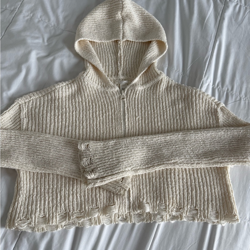 Full Tilt Distressed Ribbed Knit Cream Cardigan with Hood